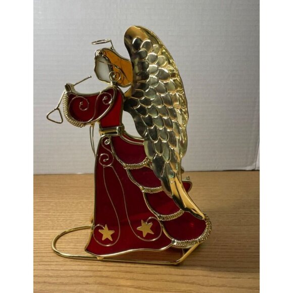 Vtg Stained Glass Christmas Angel Candle Holder Red & Gold 9inch Holding Trumpet - Picture 2 of 10